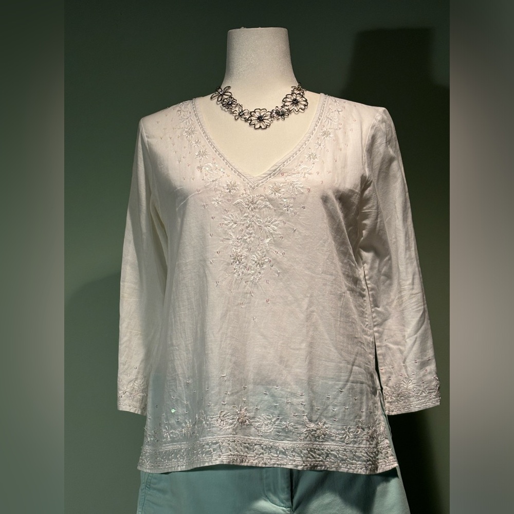 Lightweight cotton embroidered ladies 3/4 length sleeve tunic size S
